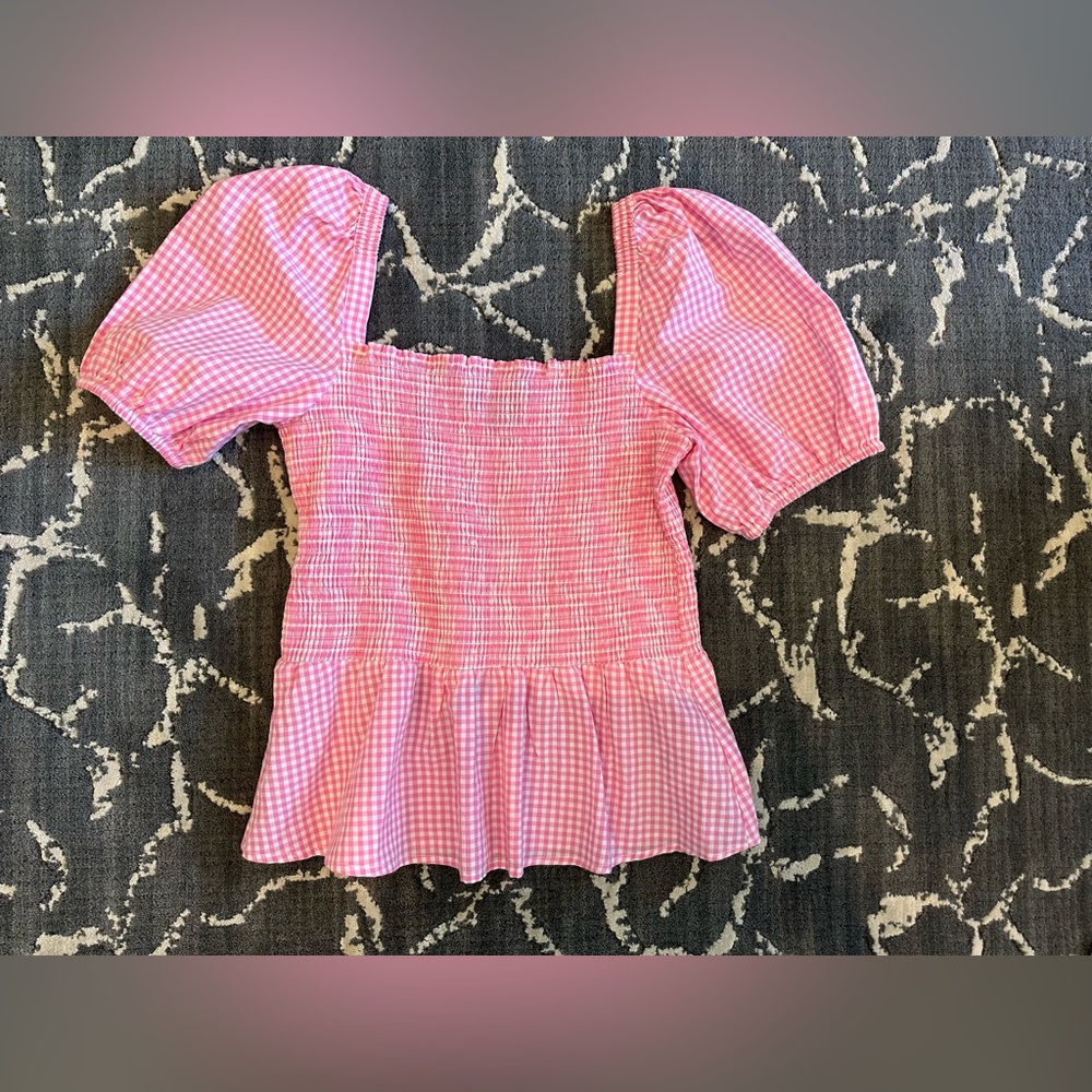 French Connection Pink Gingham Puff Sleeve Smocked Shirt